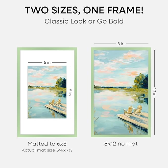 Homeforia 8x12 Picture Frame Sage Green, High End Metal 8 x 12 Poster Frames with Mat 6 by 8 Photo, 12x8 Frame Matted to 6x8 inch Art, 8by12 Wall or Tabletop Frames, Tempered Glass, Wall Kit, Set of 1