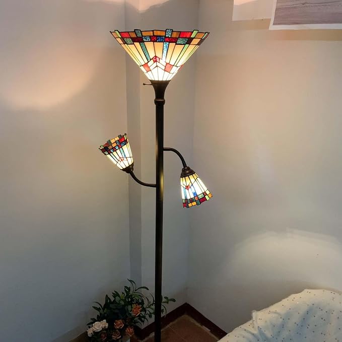 Bieye L10812 Mission Tiffany Style Stained Glass Floor Lamp for Reading Working Decorating, 3-Lights, 70 inches Tall
