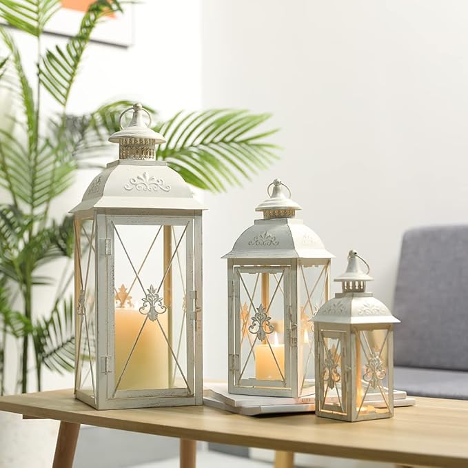 TRIROCKS 3-Pack Decorative Lanterns - 19" Vintage Metal Candle Holders with Tempered Glass - Perfect for Christmas, Living Room, Garden, Patio, Indoor & Outdoor Events (White with Gold Brush Finish)