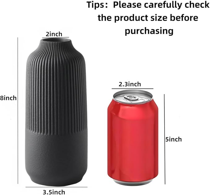 Black Ceramic Vase for Flowers, 8 Inch Flower Vases Home Decor, Black Boho Vases for Pampas Grass, Vase for Centerpieces Living Room Table Entryway Shelf