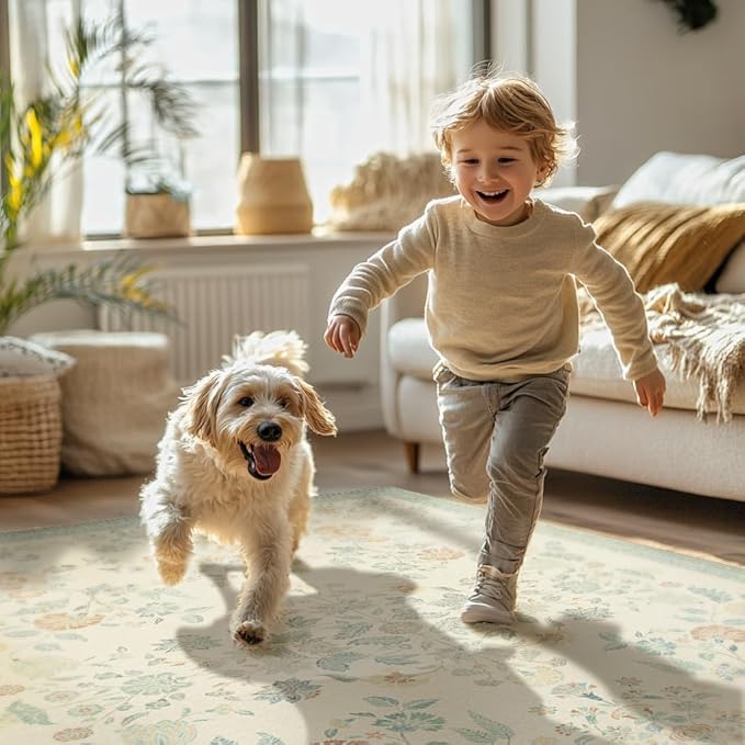 GENIMO 8x10 Area Rugs for Living Room, Machine Washable Non Slip Vintage Rugs, Low Pile Lightweight Chenille Print Rug for Bedroom, Dining Room, Home Office, Beige/Green