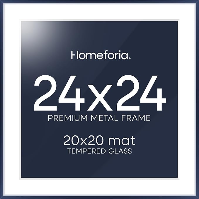 Homeforia 24x24 Picture Frame Navy Blue, High End Metal 24 x 24 Large Square Poster Frame with Mat 20 by 20 inch Photo, 24by24 Thin Frames Matted to 20x20 for Print, Tempered Glass, Wall Kit, Set of 1