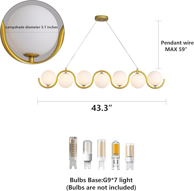 Modern Gold Chandelier 7 Light mid-Century Glass Bubble Chandeliers Globe Pendant Light Linear Dining Room Chandelier for Kitchen Island Living Room,Bedroom Room,Hallway.