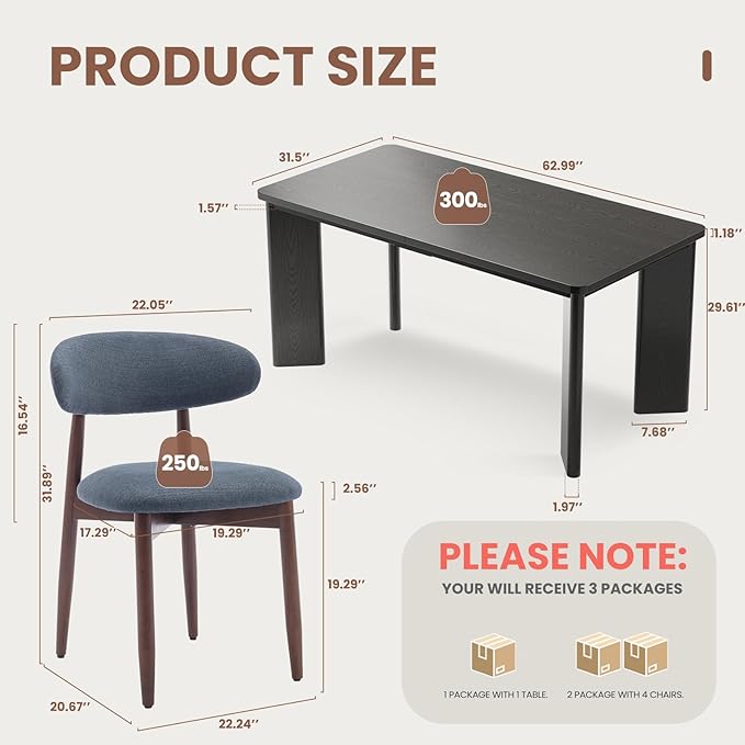 5-Piece Rectangular Dining Table Set for 4, 63" Industrial Kitchen Table with 4 Wooden Upholstered Dinner Chairs for Dining Room, Kitchen, Living Room, Black+Blue