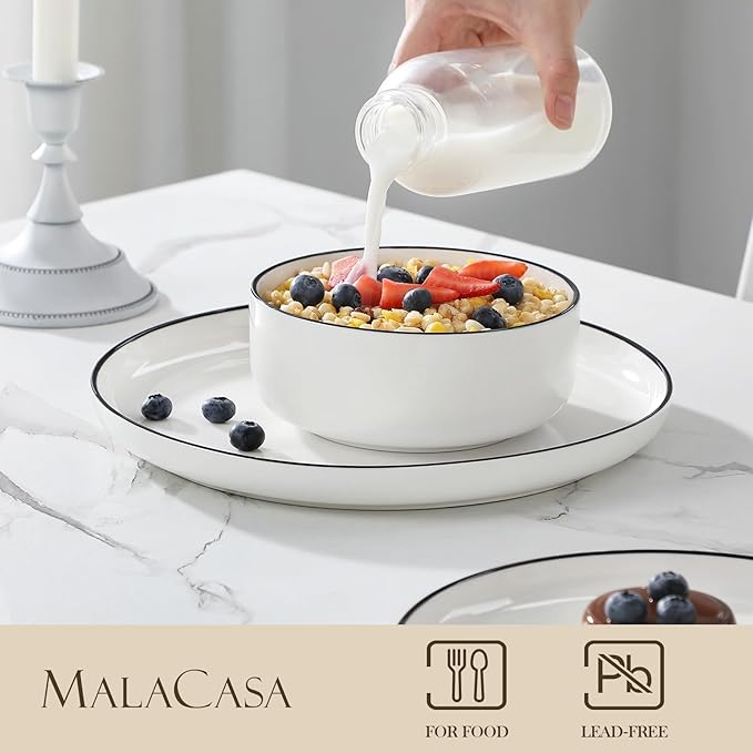 MALACASA Plates and Bowls Sets, 24 Pieces Modern Porcelain Dinnerware Set for 8 White Kitchen Dinner Dining Ware Set wtih Black Rim Ceramic Dishware Dishes Microwave and Dishwasher Safe, Series LUNA