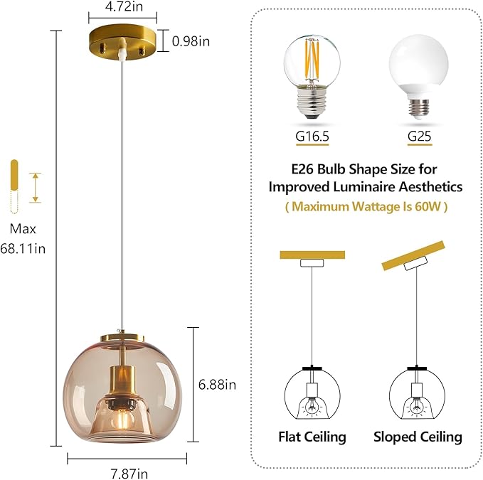 Light Coffee Glass Pendant Lights Kitchen Island Gold Hanging Light Fixture Glass Globe Pendant Light Modern Pendant Lighting for Kitchen Island Bedroom Dining Room (7.87", 3 Pack)