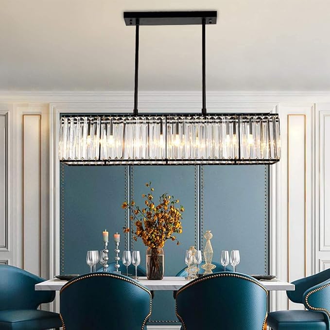 Siljoy Modern Rectangular Crystal Chandelier, 5 Lights Black Rectangle Raindrop Chandelier Lighting, Industrial Linear Pendant Ceiling Light Fixture for Dining Living Room Kitchen Island L33.5''