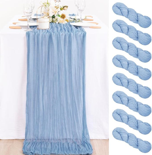 MLMC 8 Pack Dusty Blue Table Runner 10ft Boho Gauze Cheesecloth Table Runner 35x120 Inches Rustic Cheese Cloth Centerpiece for Fall Wedding Bridal Shower Baby Shower Party Decor