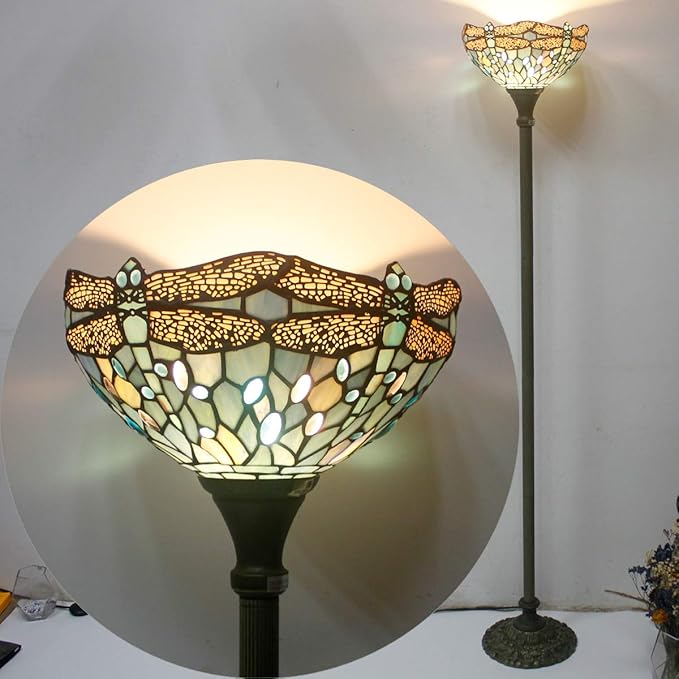 WERFACTORY Tiffany Floor Lamp Sea Blue Stained Glass Dragonfly Light 12X12X71 Inches Pole Torchiere Standing Corner Torch Uplight Decor Bedroom Living Room Home Office S147 Series