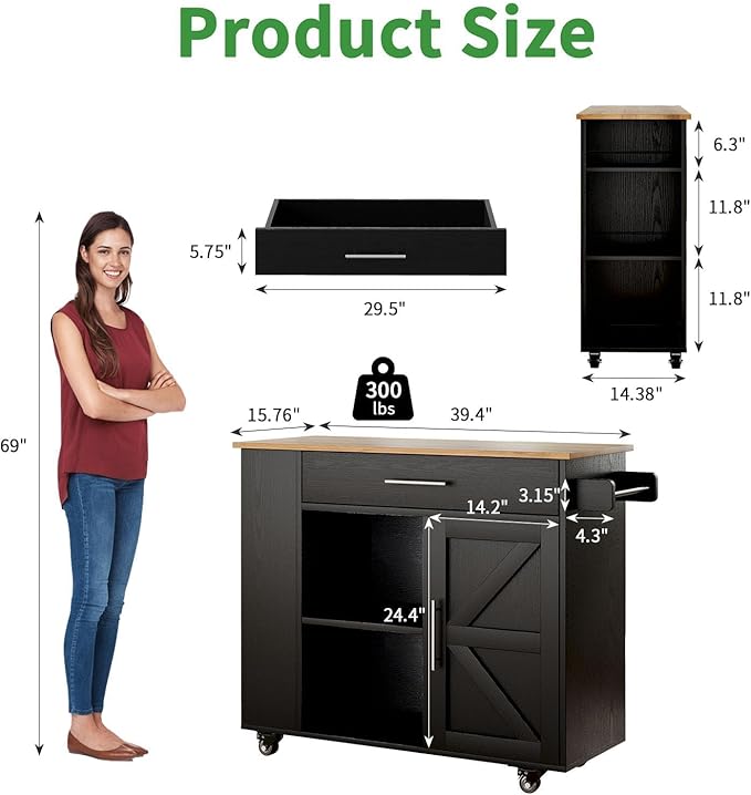 4 EVER WINNER Kitchen Island with Storage, Island Table for Kitchen with Spice Rack & Towel Rack & Open Shelves, Rolling Kitchen Island with Storage Cabinet and Drawer, Black