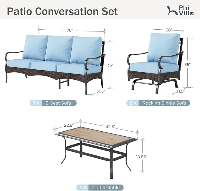 PHI VILLA Outdoor Modern Patio Furniture Set, Upgraded Wicker&Metal Patio Furniture Conversation Set with Waterproof Thick Cushions for Porch, Poolside, Deck, and Yard (4 Pieces,Blue)