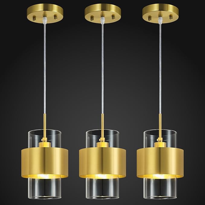 Modern Gold Pendant Lighting Indoor Kitchen Island Pendant Light Glass Shade Ceiling Light Fixtures for Bedroom Dining Room Living Room(3-Pack)