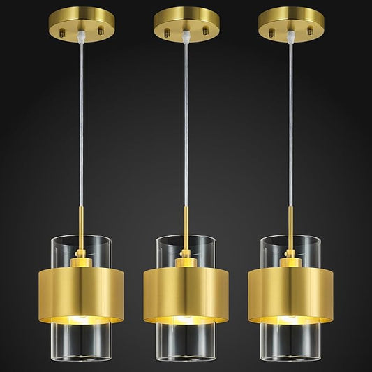 Modern Gold Pendant Lighting Indoor Kitchen Island Pendant Light Glass Shade Ceiling Light Fixtures for Bedroom Dining Room Living Room(3-Pack)