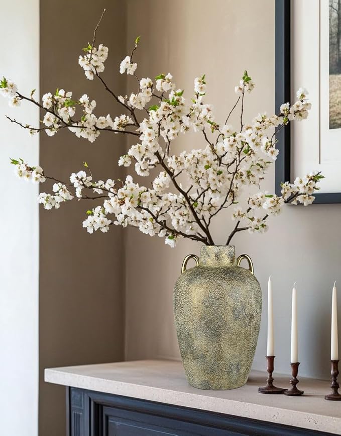 Large Ceramic Vase, 11.2" Tall Rustic Farmhouse Vase, Vintage Flower Vase with 2 Ears, Electroplated Terracotta Boho Vases for Home, Living Room, Shelf, Mantel, Entryway, Wedding, Tabletop Decor