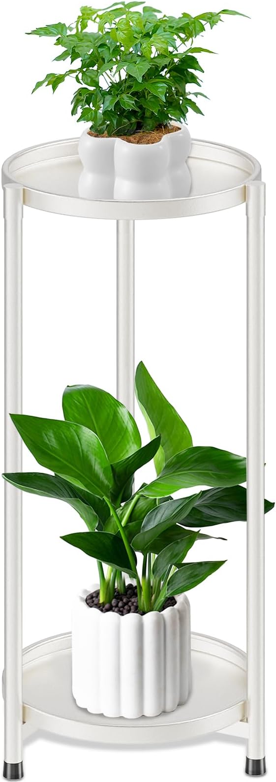 2 Tier Metal Plant Stand Rack Indoor Outdoor Flower Pot Shelf, 26.7in Tall Rustproof Round Planter Display Storage Rack, Heavy Duty Potted Holder for Home Garden Patio Bathroom Living Room (white)