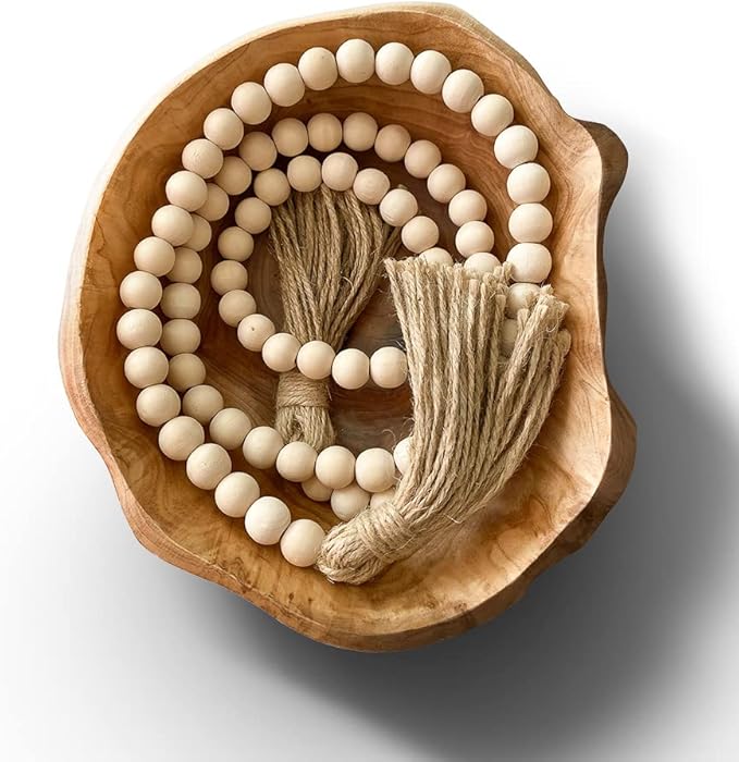 Wooden Bowl, Handmade Wooden Bowls with Wood Bead Garland, Natural, Fruit Bowl, Key Bowl for Decor, 8in-10in