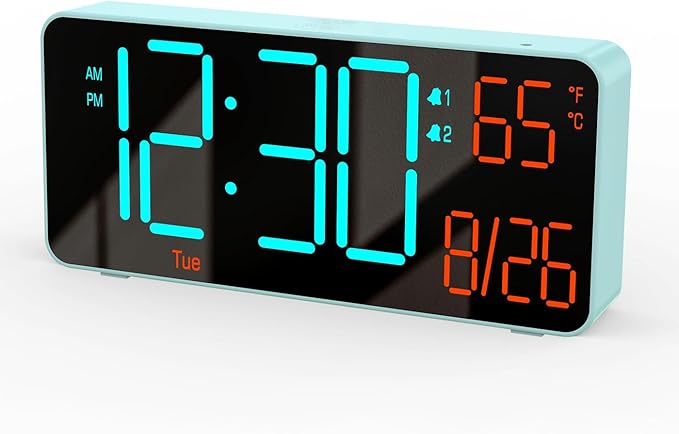 KOSUMOSU Alarm Clock for Bedroom, 6.7in Small Digital Clock, Auto Dimming, Room Temperature, Day of The Week, Date, Alarm Clocks for Living Room, Desk Clocks