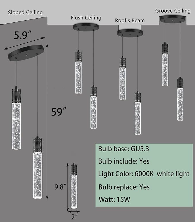 LED Pendant Lights for Kitchen Island Modern Chandelier Pendant Lighting for Dining Room Over Table Sink Lamp Flush Mount Ceiling Crystal 2-Lights Black