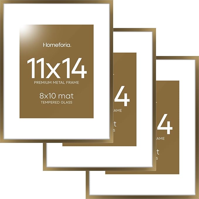 Homeforia 11x14 Bronze Picture Frame, High End Metal 11x14 Brass Frame with Mat 8x10, 11 x 14 Poster Frames Matted to 8 x 10 inch Photo, 11 by 14 Bronze Thin Frames, Tempered Glass, Wall Kit, Set of 3