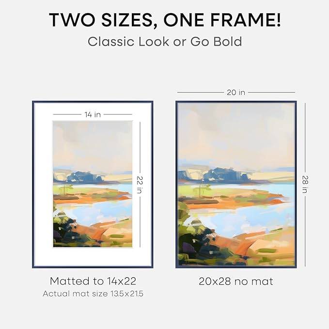 Homeforia 20x28 Frame Navy Blue, High End Metal 20x28 Poster Frames with Mat 14x22 inch Photo, 20 x 28 Navy Blue Picture Frame Matted to 14 by 22 Print, 28x20 Frame, Tempered Glass, Wall Kit, Set of 1