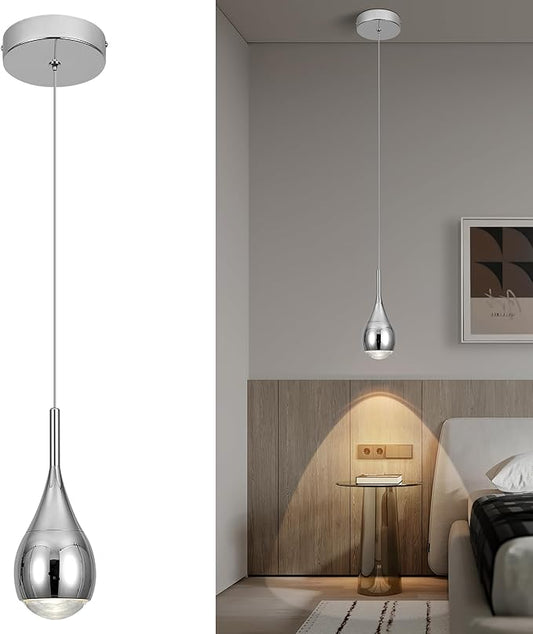 Pendant Lights Kitchen Island, Modern Chrome Pendant Light fixtures, LED Dimmable Hanging Pendant Lighting for Over Sink,Bar,Dining Room,Bedside,Lens COB 4000K(1-Pack)