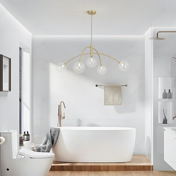 5 Light Modern Brass Chandelier Fixture White Clear Globe Glass Shade Pendant Light Gold Kitchen Ceiling Large Chandelier for Dining Room Kitchen Bedroom