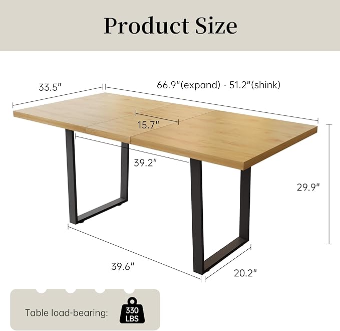 ZckyCine Modern Rectangular Dining Table for 4-6, Adjustable Wood Table with Metal Legs, Kitchen or Dining Room Table