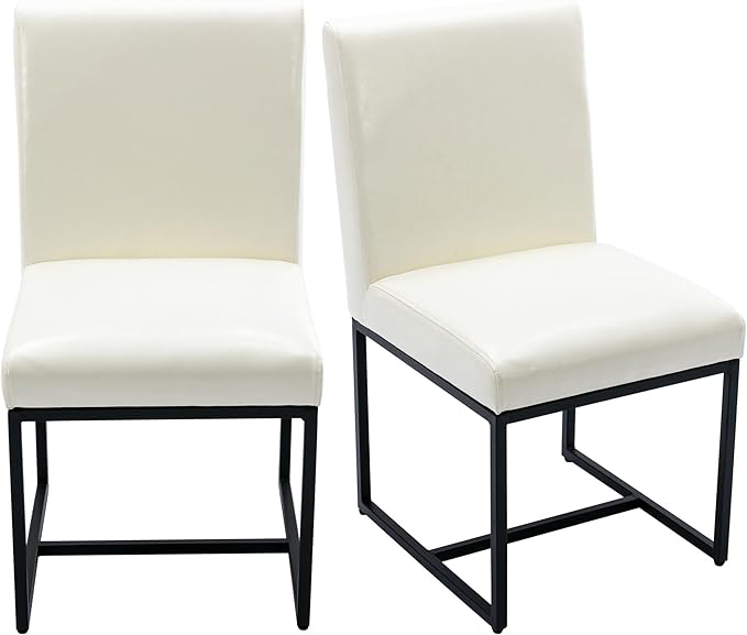 VESCASA Faux Leather Upholstered Dining Chairs with Black Metal Frame, Mid Century Modern Padded Kitchen Chair with Adjustable Foot Pads for Restaurant, Dining Room, Set of 4, White