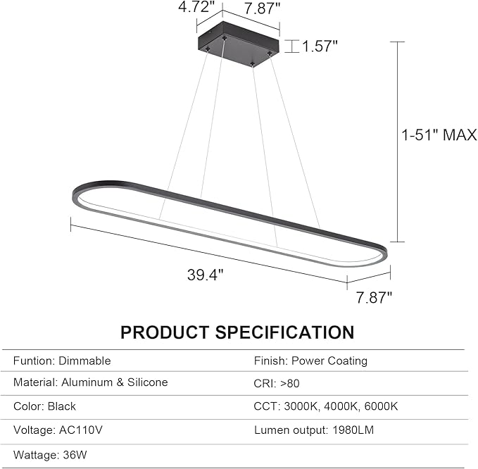 MADEM Modern LED Chandelier, 39.4'' Black Linear Light Pool Table Pendant Light Dimmable 3CCT Chandelier for Dining Room Kitchen Office