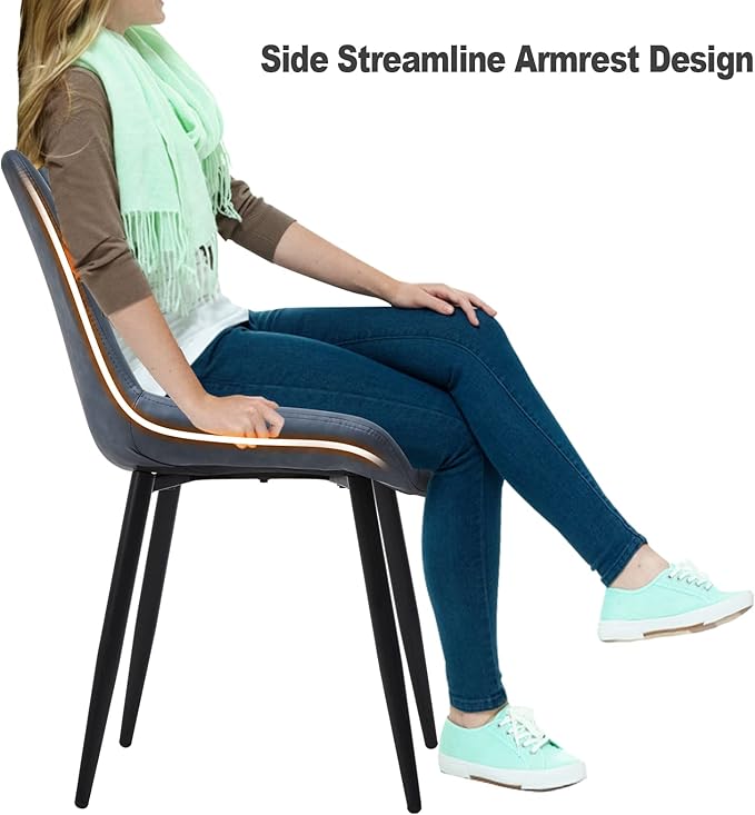 TUKAILAi Faux Leather Dining Chairs Set of 4, Modern Linear Design Kitchen Chairs with Upholstered Seat and Metal Legs, Comfortable Side Chairs for Dining Room Restaurant Commercial (Blue)