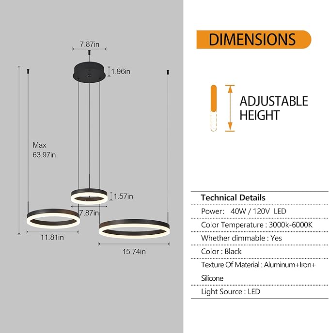 Modern Black Ring Chandelier LED Circle Geometric Pendant Light Dimmable 3 Rings Ceiling Light Fixtures High Ceiling Foyer Chandelier for Living Room Dining Room Bedroom