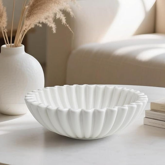 Large Decorative Bowl, White Ceramic Fruit Bowl for Kitchen Counter, Key Bowls for Entryway Table, Modern Coffee Table Home Decor, Scalloped Handmade Artwork White 9.6 inches