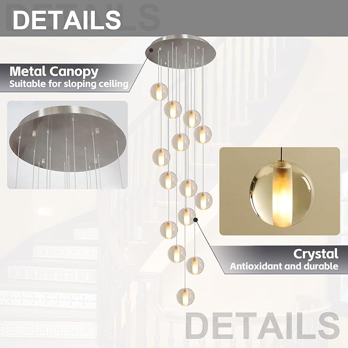 14 Lights Nickel Staircase Chandelier for High Ceiling, Dimmable Modern Crystal Raindrop Large Long Hanging Pendant Light for Stairwell Living Room Stair Foyer, Bulbs Included