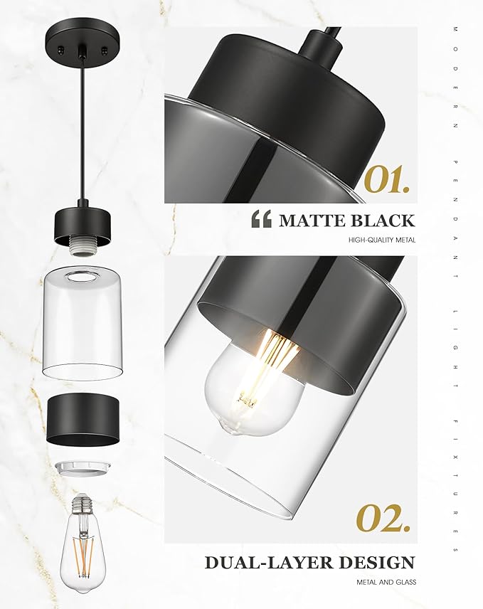 Black Pendant Lights Kitchen Island, Dual Shade Hanging Lights Fixtures with Metal and Clear Glass, Modern Kitchen Pendant Lighting Over Island for Dining Room, AD-24022-1P-BK