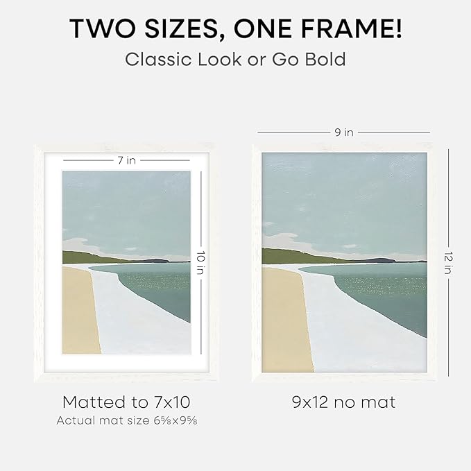 Homeforia 9x12 Frame White Wood, High End Oak 9 x 12 Picture Frames with Mat 7 by 10 Photo, 9by12 White Wooden Frame Matted to 7x10 Print, Wall or Tabletop Frames, Tempered Glass, Wall Kit, Set of 1