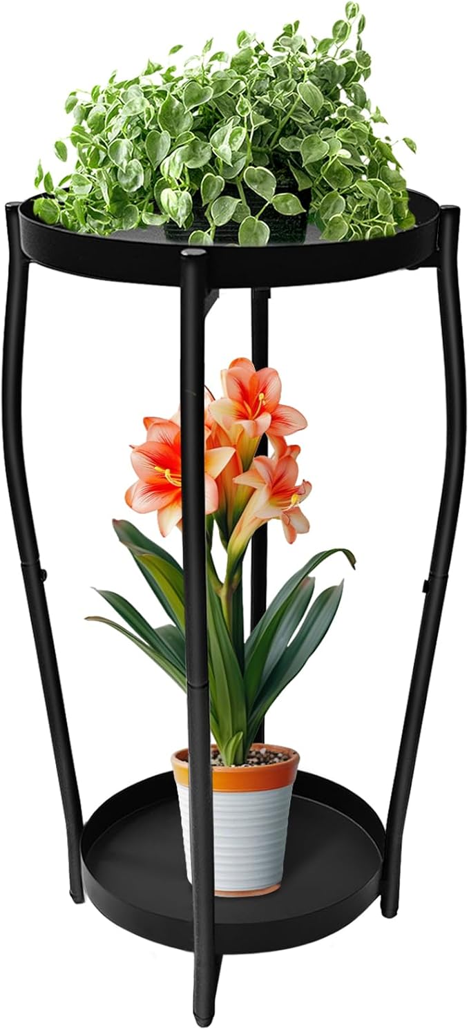 Plant Stand Indoor, 2 Tier Tall Plant Stands, 4-Leg Metal Flower Stand, Heavy Duty Plant Shelf Plant Rack Flower Stands for Living Room, Black