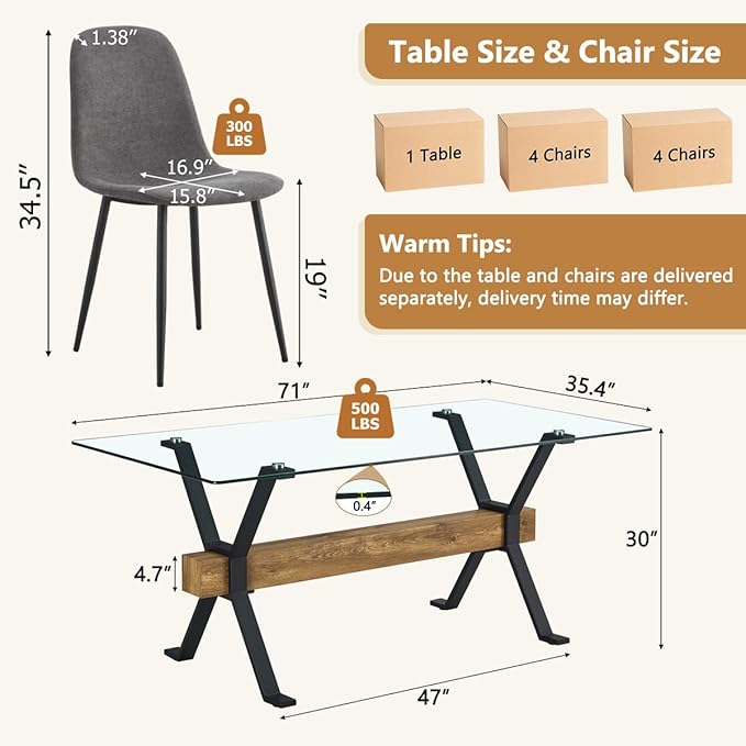 9 Piece Glass Dining Table Set, Kitchen Table Chairs Set for 8, 71'' Dining Table with 0.4" Tempered Glass Tabletop with Plated Metal Legs and MDF Crossbar, 8 Chairs for Dining Room, Kitchen.