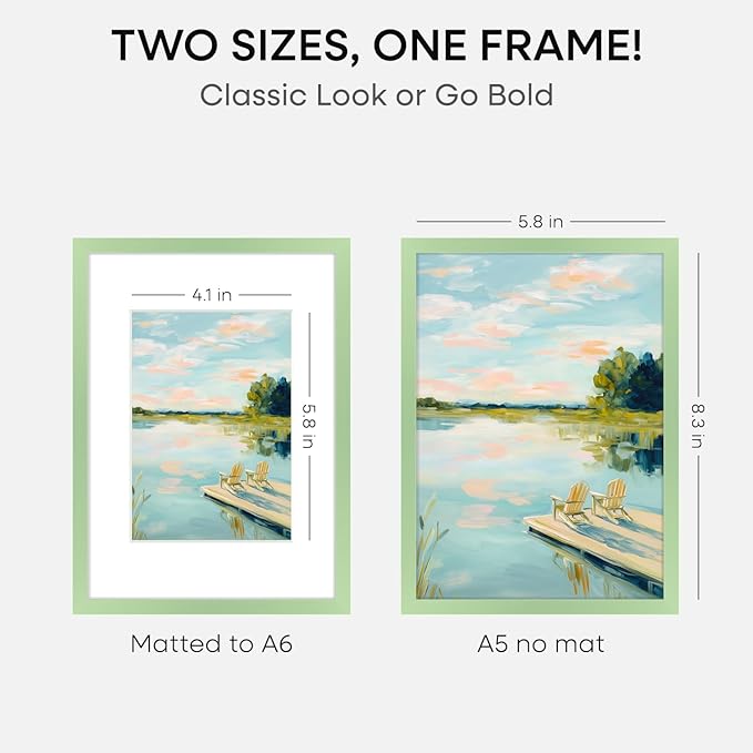 Homeforia A5 Sage Green Frame, High End Metal 5.8 x 8.3 Picture Frames Matted to 4.1 by 5.8 inch Art, A5 Display Photo Frame with Mat A6, 5.8x8.3 Green Poster Frames, Tempered Glass, Wall Kit, Set of 1