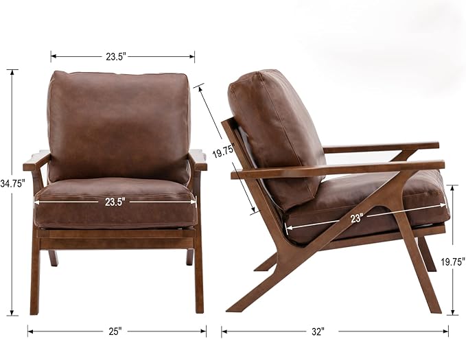 HNY Mid Century Arm Chairs Set of 2, Retro Accent Armchair with Wood Frames & Faux Leather Upholstered Removable Cushions, Leisure Reading Chair Slipper Chair for Living Room Bedroom, Brown