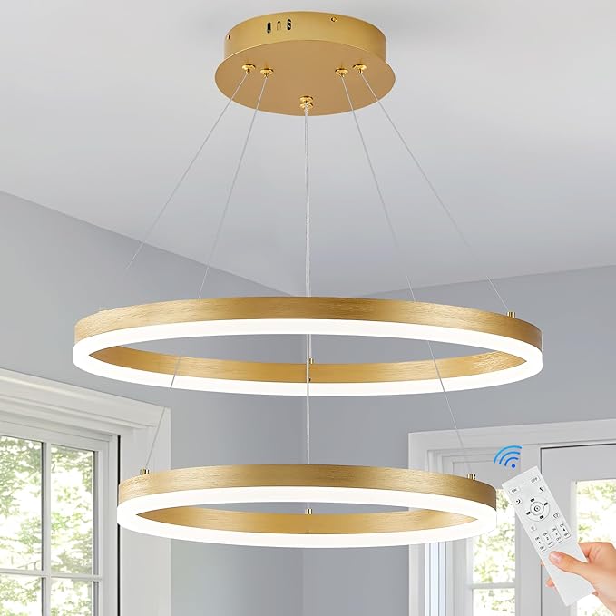Modern LED Chandelier Gold 2-Rings Pendant Light Circular Flush Mount Ceiling Chandelier Lighting with Remote Control for Bedroom Living Room Dining Room Entrance, 3000K-6500K