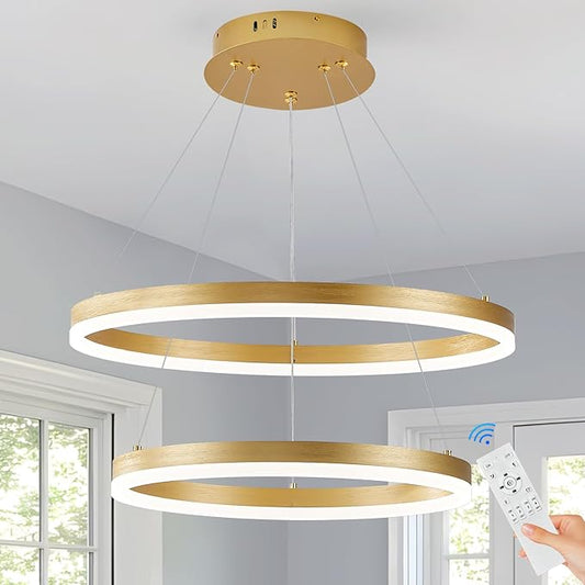 Modern LED Chandelier Gold 2-Rings Pendant Light Circular Flush Mount Ceiling Chandelier Lighting with Remote Control for Bedroom Living Room Dining Room Entrance, 3000K-6500K