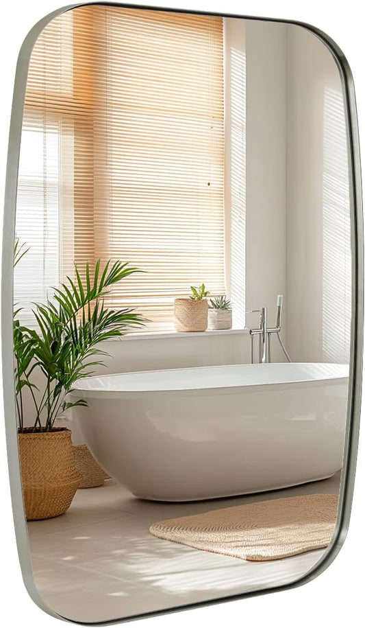 ANDY STAR Brushed Nickel Mirror, 24x32’’ Oval Mirror for Bathroom, Brushed Nickel Oblong Bathroom Mirror for Over Sink, Modern Anti Rust Silver Vanity Mirror