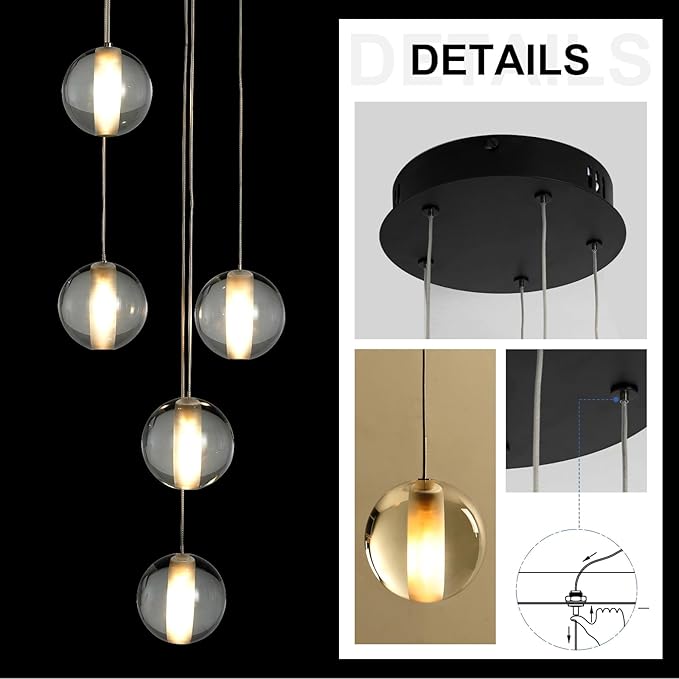 Modern Black 5 Lights Crystal LED Chandelier Raindrop High Ceiling Cluster Pendant Light Crystal Ball Hanging Lighting for Living Room Staircase Entryway Foyer Dining Room, H118" including Bulbs