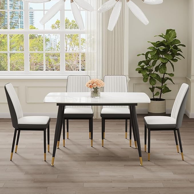 50" White Sintered Stone Dining Table Set for 4 Modern Faux Marble Dining Table with 4 Upholstered PU Leather Chair Dining Room Table Set for Kitchen Apartment(1White Table+4White &Gray Chairs)