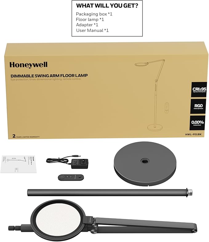 HONEYWELL LED Floor Lamp - F01BK Sunturalux™ Eye Caring Dimmable Standing Light with Remote,Bright Natural Daylight 5 Colors & 5 Brightness Adjustable Tall Lampara for Home Office Living Room Bedroom