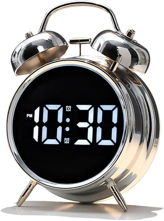 Loud Alarm Clock for Heavy Sleepers Adults, Teens,Kids,Retro Metal Twin Bell 4 Inch,Large Big Numbers Display with Backlight, Small Bedside Digital Clock for Bedrooms (Silvery)