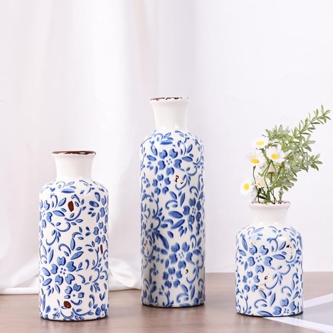 Blue and White Ceramic Vase Set of 3 – Vintage Floral Porcelain Pottery Vases, Rustic Decorative Vases for Flowers, Farmhouse Chinoiserie Home Decor, Table, Mantel, Living Room & Shelf Centerpieces