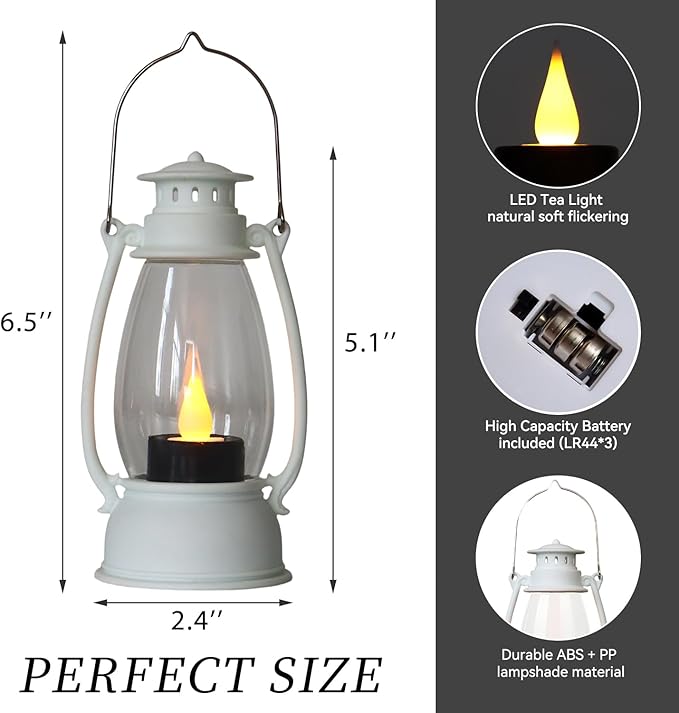White Mini Lanterns Decorative 6-Pcs for Winter Christmas Wedding & Halloween, Small Elegant Lantern with LED Light for Western Cowboy, Camping Baby Shower Birthday Party, Centerpiece Table