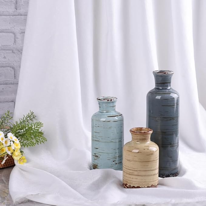 Ceramic Vase Set of 3 – Small Flower Vases, Modern Farmhouse Boho Flower Vases for Home Decor, Rustic Pottery Vases for Centerpieces, Living Room, Shelf, Fireplace, Entryway Decor, Table or Cabinet