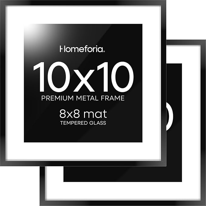Homeforia 10x10 Black Picture Frame, High End Metal 10 by 10 Square Frames with Mat 8 x 8 Opening, 10by10 Poster Frames Matted to 8x8 Photo, Wall or Tabletop Frames, Tempered Glass, Wall Kit, Set of 2